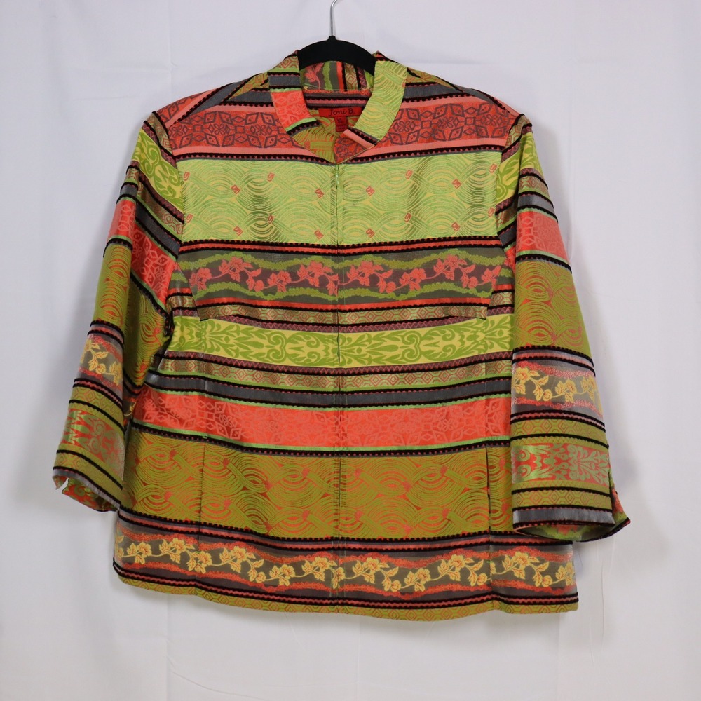 Joni B Jacket Womens XL Green Orange Jacquard‎ Zip Front Boho Art to Wear Blazer